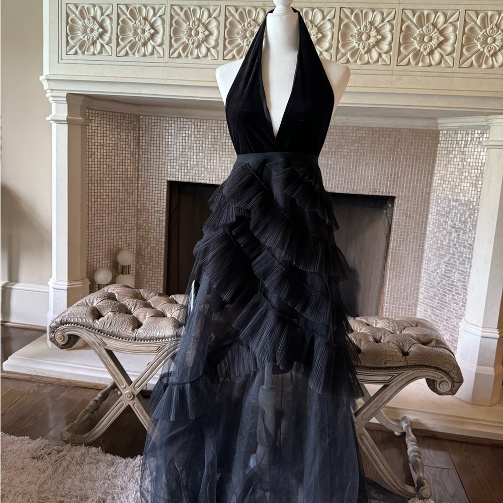 Black halter mesh maxi dress